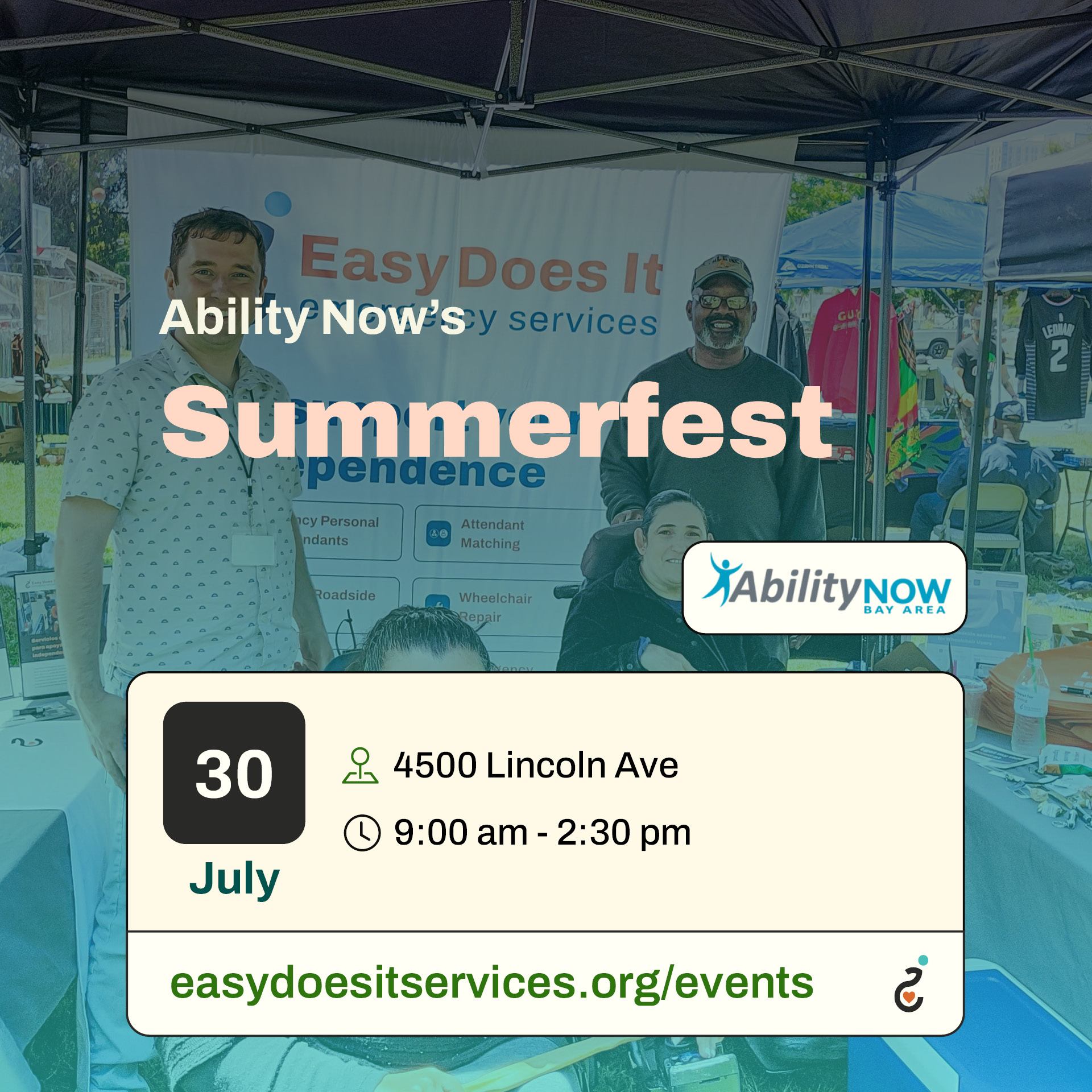 Illustrated banner for an event titled “Reclaiming Our Legacy: Disability Action & Joy.” The left side shows two wheelchair users in front of the U.S. Capitol, one holding a “504 Now” protest sign. The right side features three diverse disabled individuals: one using a wheelchair holding a “Hands Off Medicaid” sign, one walking with a white cane and sunglasses, and another with a prosthetic leg raising a disability pride flag, accompanied by a guide dog. Center text reads: “Save the Date — Friday, July 11, 2025, 3–7pm. Celebrating Disability Pride and the 35th ADA Anniversary.” Location: Ed Roberts Campus, Outdoor Grounds on Adeline St. The background features a bold color split from blue to white to blue.