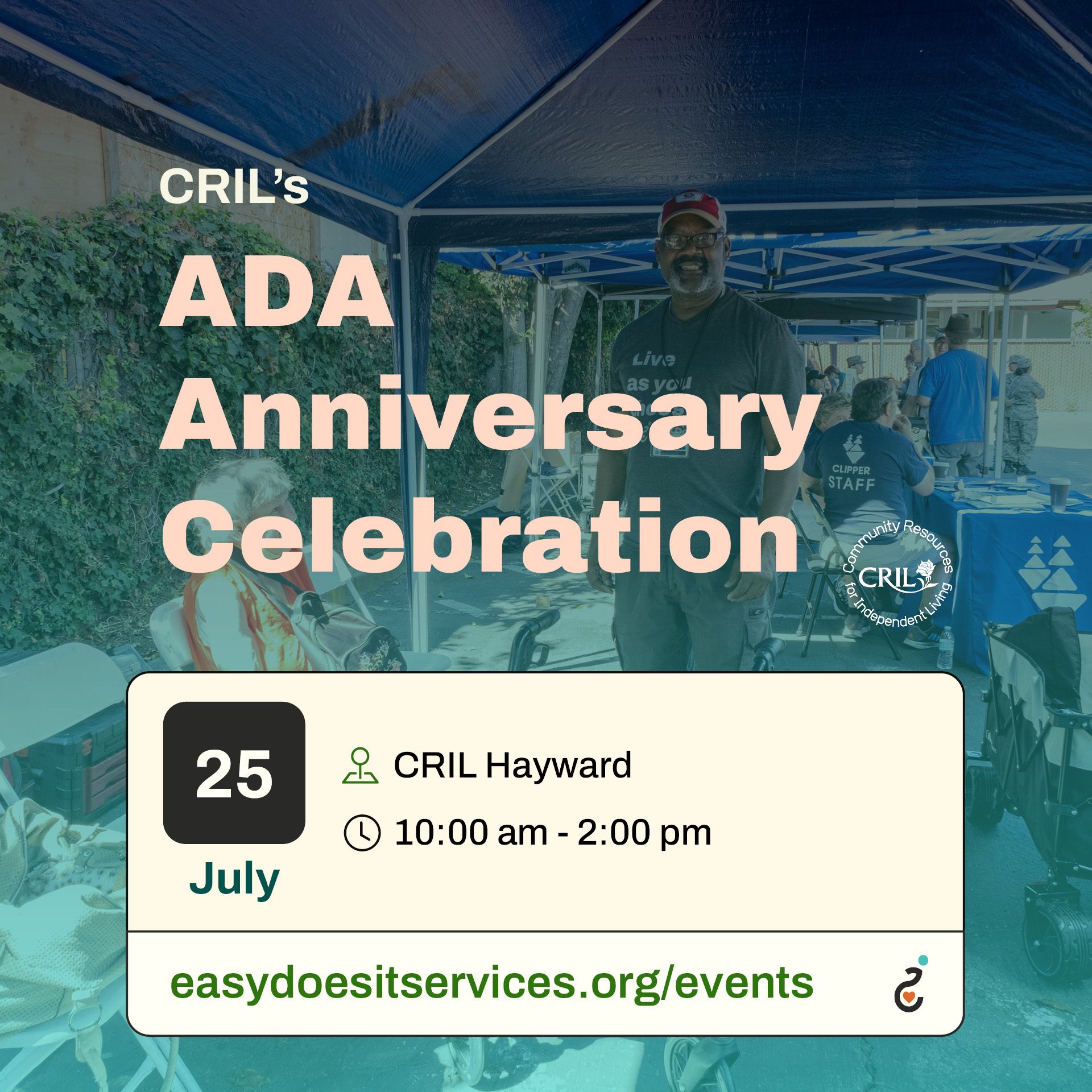 Illustrated banner for an event titled “Reclaiming Our Legacy: Disability Action & Joy.” The left side shows two wheelchair users in front of the U.S. Capitol, one holding a “504 Now” protest sign. The right side features three diverse disabled individuals: one using a wheelchair holding a “Hands Off Medicaid” sign, one walking with a white cane and sunglasses, and another with a prosthetic leg raising a disability pride flag, accompanied by a guide dog. Center text reads: “Save the Date — Friday, July 11, 2025, 3–7pm. Celebrating Disability Pride and the 35th ADA Anniversary.” Location: Ed Roberts Campus, Outdoor Grounds on Adeline St. The background features a bold color split from blue to white to blue.