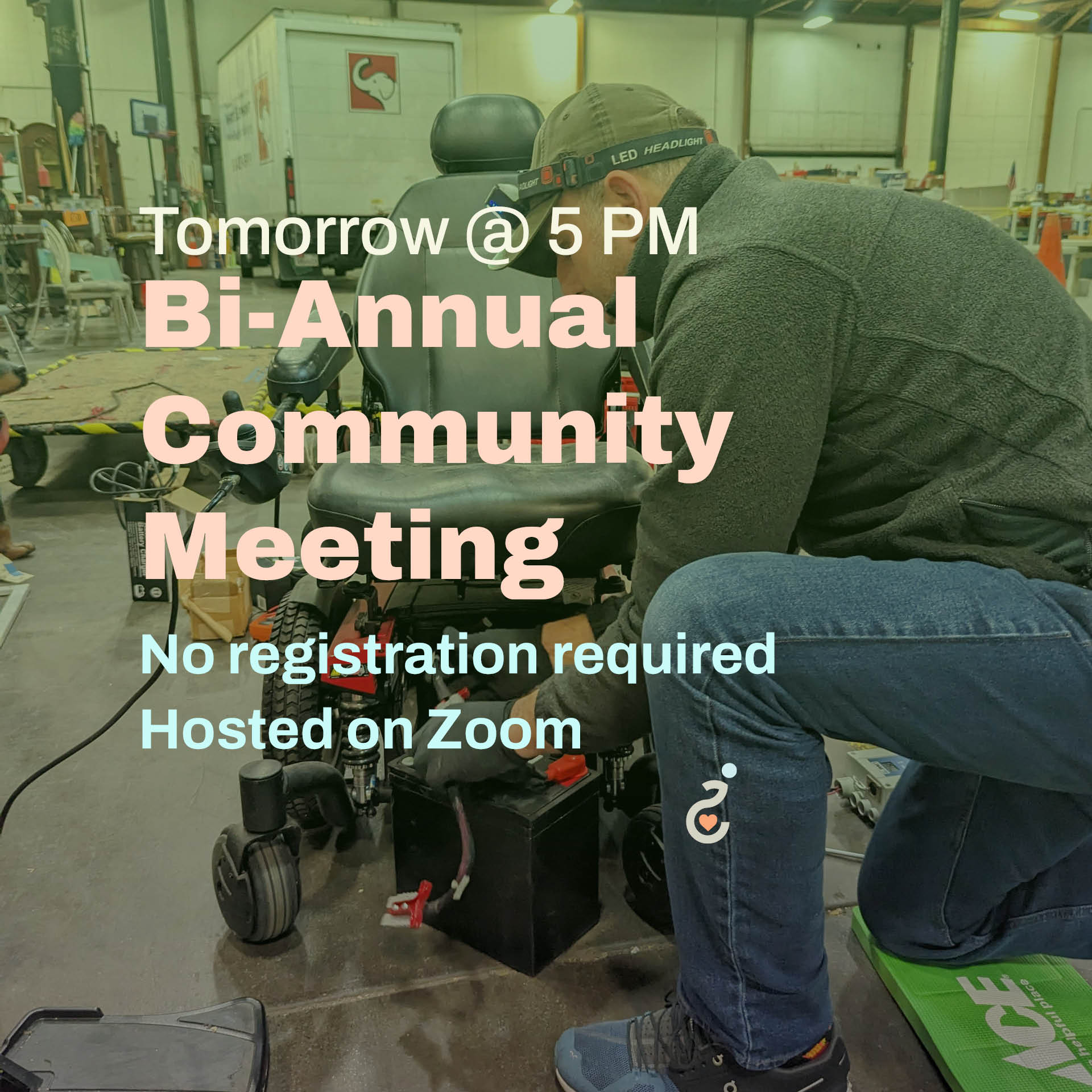 Infographic reading, Tomorrow at 5 pm, Bi-Annual Community Meeting, No registration required, hosted on Zoom.
