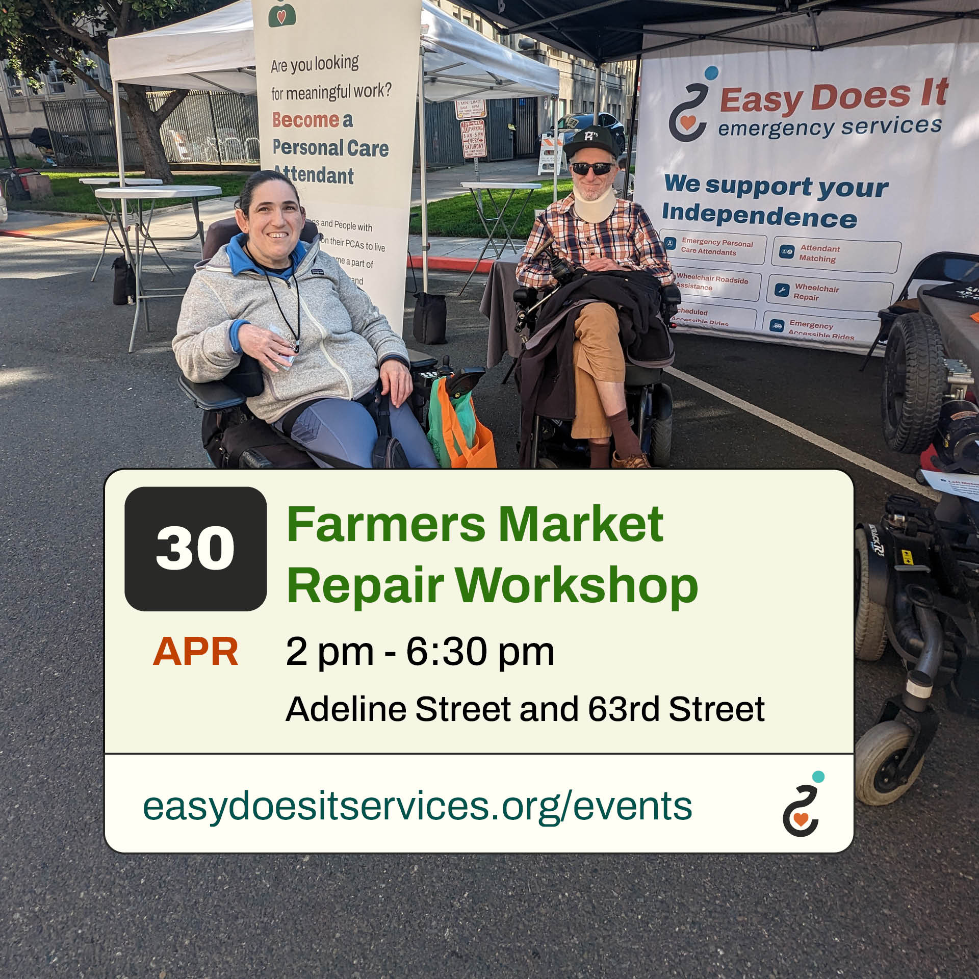 Infographic Rading, Apr 30, Farmers Market Repair Workshop, 2 pm - 6:30 pm, Adeline St and 63rd Street.